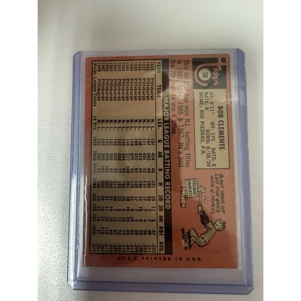 69 Topps Vintage Roberto Clemente #50 Bob on Card Very Clean Mild Corner Fray